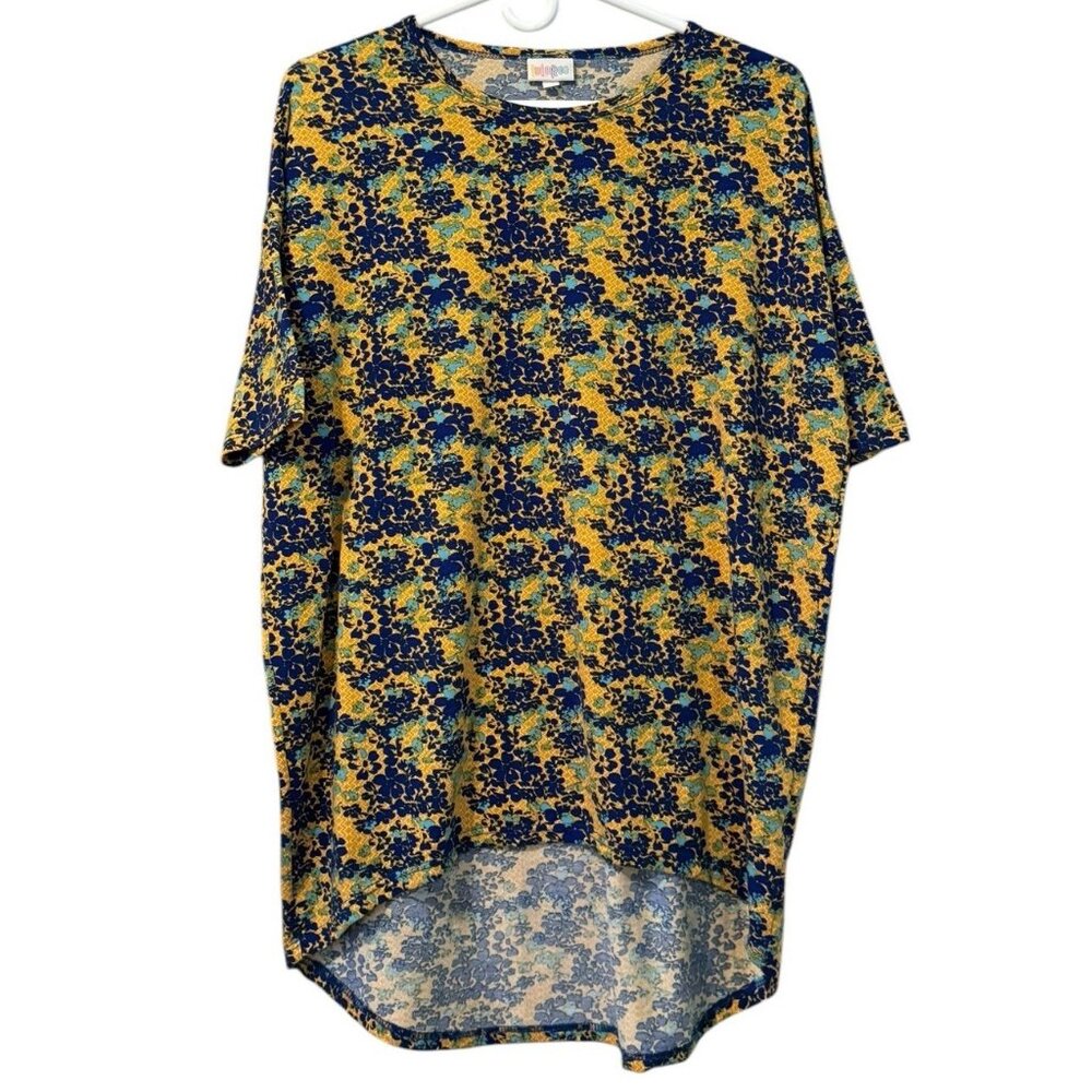LuLaRoe Yellow Blue Short Sleeve Floral High Low Tunic Size XS Cottagecore